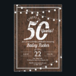 Rustieke 50e verjaardag met String Lights Party Kaart<br><div class="desc">Dit rustieke ontwerp is voorzien van strijklichten op een donkere houten achtergrond. Klik op de knop Aanpassen voor meer flexibiliteit bij het wijzigen van de tekst! Variaties van dit ontwerp, extra kleuren en coördinerende producten zijn verkrijgbaar in onze winkel, zazzle.com/doodlelulu*. Neem contact met ons op als u wilt dat dit...</div>