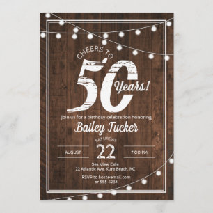 Rustieke 50e verjaardag met String Lights Party Kaart