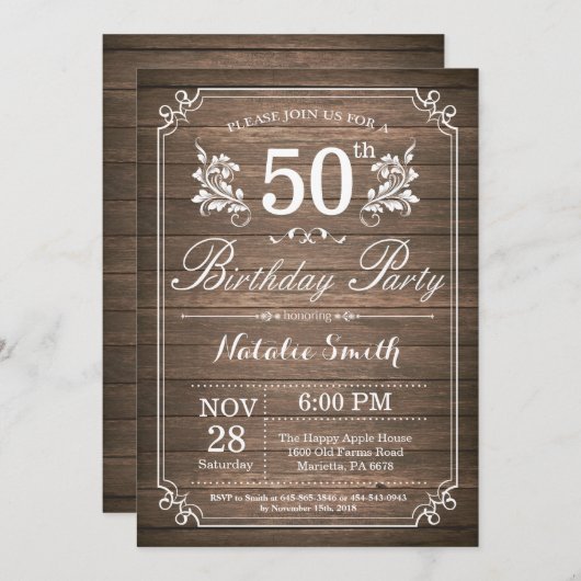 Rustieke 50e verjaardag uitnodiging Bloemen (Voorkant / Achterkant)