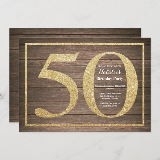 Rustieke 50e verjaardag uitnodiging Gold Glitter (Voorkant / Achterkant)