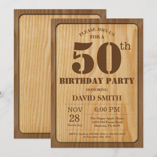 Rustieke 50e Verjaardag Uitnodiging  Hout (Voorkant / Achterkant)