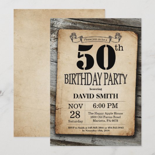 Rustieke 50e Verjaardag Uitnodiging  Hout (Voorkant / Achterkant)