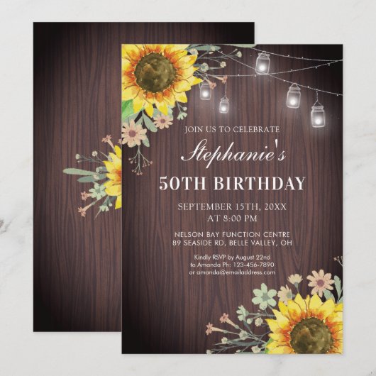 Rustieke 50e Verjaardag Zonnebloem Wood Jar Lights Kaart (Voorkant / Achterkant)