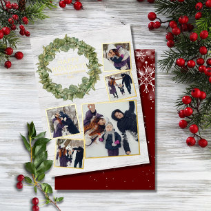 Rustieke 5 foto collage groen kerst goud folie feestdagenkaart