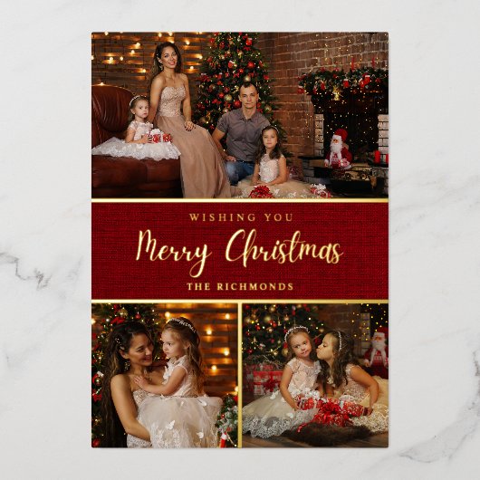 Rustieke 5 foto collage Vrolijk kerstgezin Folie Feestdagenkaart (Voorkant)