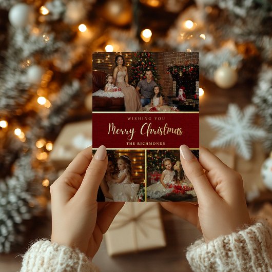 Rustieke 5 foto collage Vrolijk kerstgezin Folie Feestdagenkaart