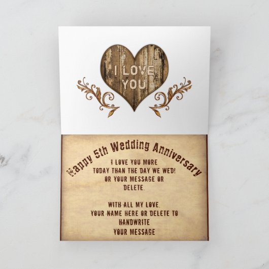 Rustieke, 5e bruiloft Jubileum Kaart voor man (Binnen)