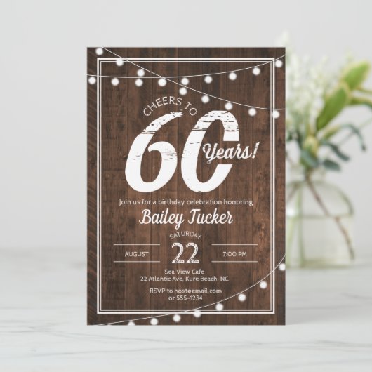 Rustieke 60e verjaardag met String Lights Party Kaart (Staand voorkant)