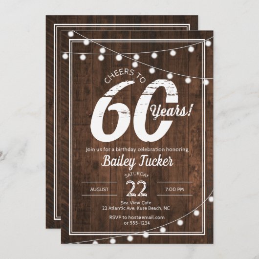 Rustieke 60e verjaardag met String Lights Party Kaart (Voorkant / Achterkant)