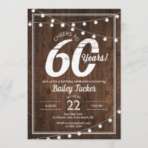 Rustieke 60e verjaardag met String Lights Party Kaart