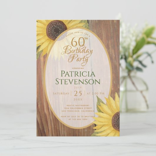 Rustieke 60e Verjaardag Party Zonnebloemen Hout Bl Kaart (Staand voorkant)
