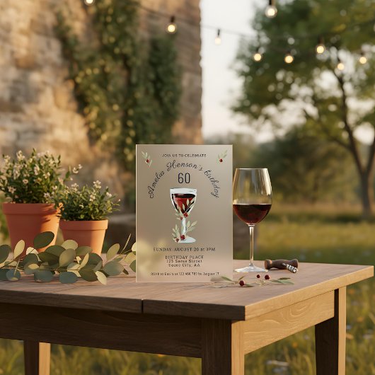 Rustieke 60e verjaardag Rode wijn Verjaardag Acryl Uitnodigingen