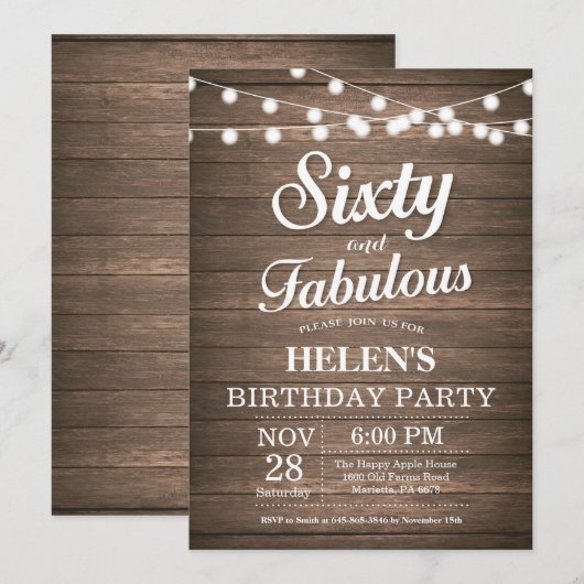 Rustieke 60e verjaardag uitnodiging hout Fabulous (Voorkant / Achterkant)