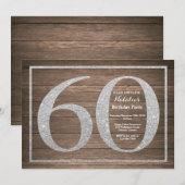 Rustieke 60e verjaardag uitnodiging Zilver Glitter (Voorkant / Achterkant)