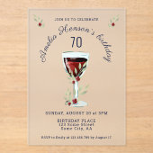 Rustieke 70e verjaardag Rode wijn glas verjaardag Acryl Uitnodigingen (Voorkant)