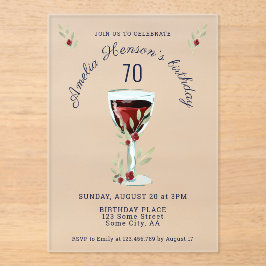 Rustieke 70e verjaardag Rode wijn glas verjaardag Acryl Uitnodigingen