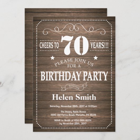 Rustieke 70e Verjaardag Uitnodiging Retro (Voorkant / Achterkant)