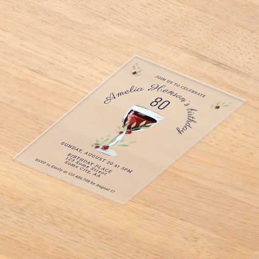 Rustieke 80e verjaardag Rode wijn glas verjaardag Acryl Uitnodigingen (Laagn)