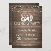 Rustieke 80e verjaardag Uitnodiging String Lights (Voorkant / Achterkant)