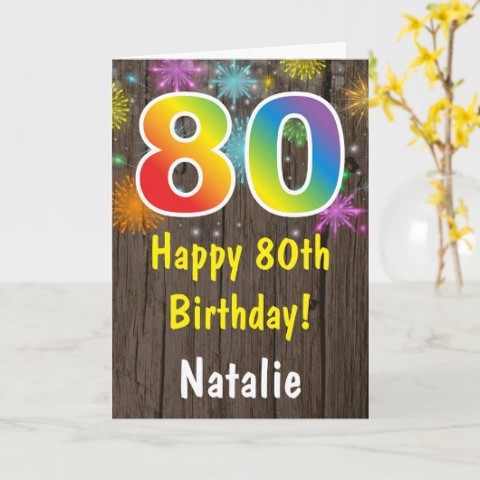 Rustieke 80ste verjaardag Kleurrijk Regenboog Vuur Kaart (Gele Bloem)