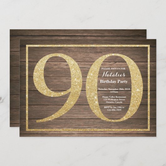 Rustieke 90e verjaardag uitnodiging Gold Glitter (Voorkant / Achterkant)