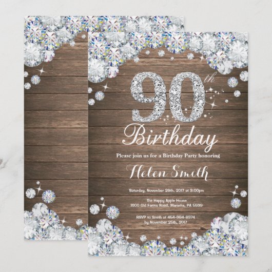 Rustieke 90e verjaardag zilveren diamant kaart (Voorkant / Achterkant)