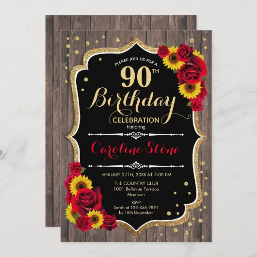 Rustieke 90e verjaardag - Zonnebloemen Rozen Hout Kaart (Voorkant / Achterkant)