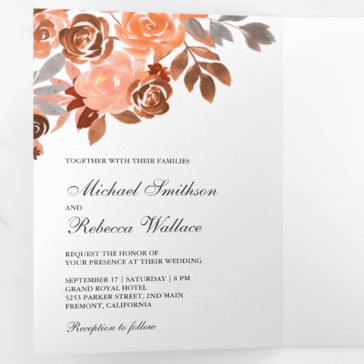 Rustieke aardachtige terracotta bloemenbruiloft drieluik uitnodiging (Binnenzijde eerst)