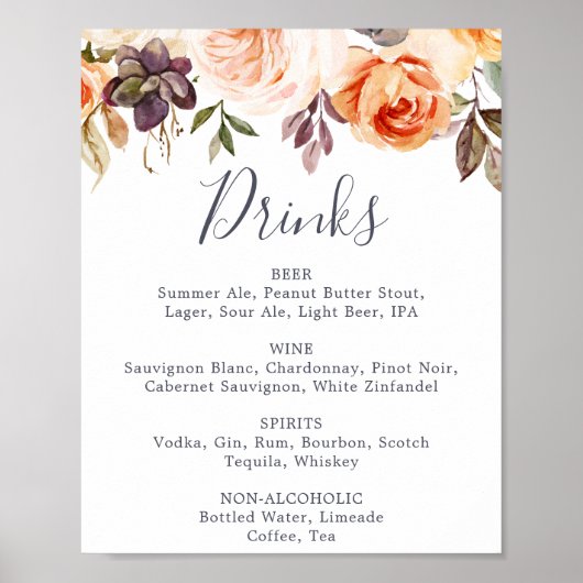 Rustieke Aardbloemen Bruiloft Drinken Menu Teken Poster (Voorkant)