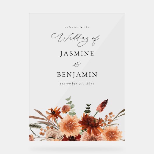 Rustieke Aarde & Champagne Bloemen Huwelijk Welkom Acryl Bord (Voorkant)