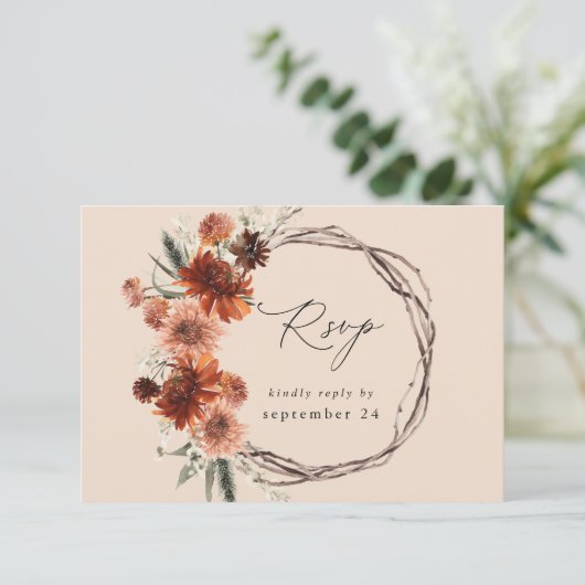 Rustieke Aarde & Champagne Bloemen w Maaltijd -BEI RSVP Kaartje (Staand voorkant)