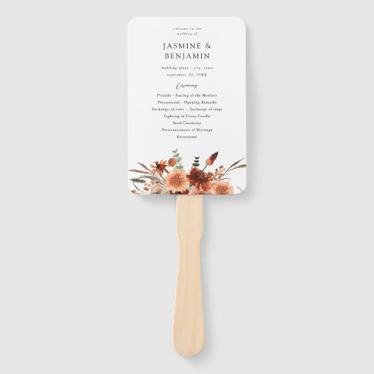 Rustieke Aarde & Champagne Florals Trouwprogramma Handwaaier (Voorkant)