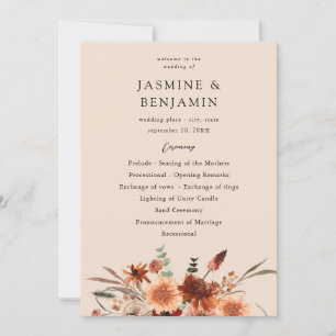 Rustieke Aarde & Champagne Florals Trouwprogramma  Kaart