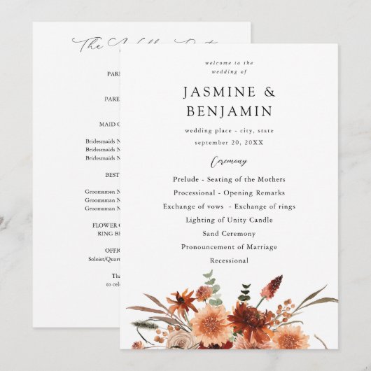 Rustieke Aarde & Champagne Florals Trouwprogramma Kaart (Voorkant / Achterkant)