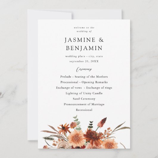 Rustieke Aarde & Champagne Florals Trouwprogramma Kaart (Voorkant)