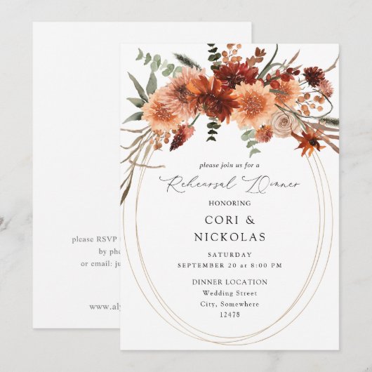 Rustieke aarde en champagne bloemen repetitie dine kaart (Voorkant / Achterkant)