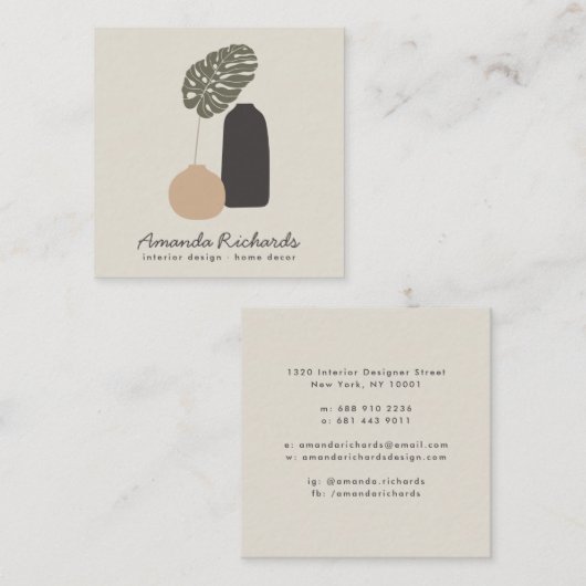 Rustieke aardewerk decor planten boho beige interi vierkante visitekaartje (Voorkant / Achterkant)