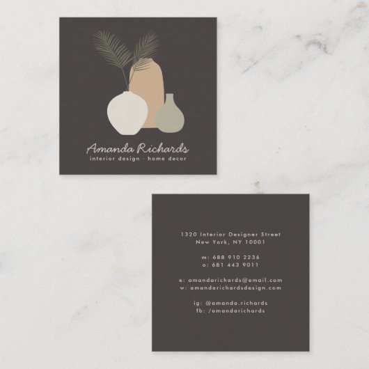 Rustieke aardewerk decor planten boho bruin interi vierkante visitekaartje (Voorkant / Achterkant)