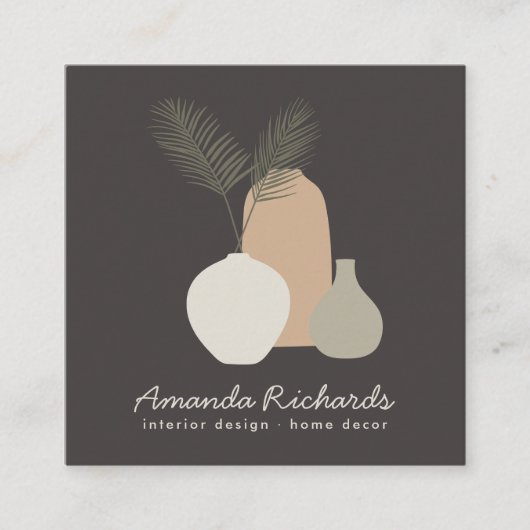 Rustieke aardewerk decor planten boho bruin interi vierkante visitekaartje (Voorkant)