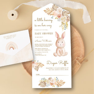 Rustieke Aardse Bloemachtige Boho Konijn Baby Show All In One Uitnodiging