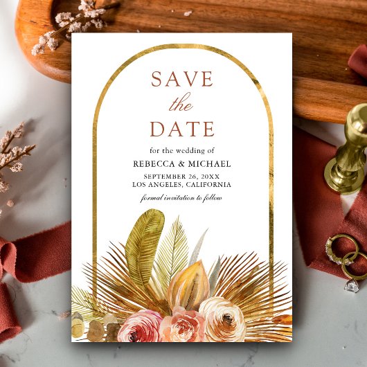 Rustieke Aardse Bloemenboog Goud Boho Huwelijk Save The Date