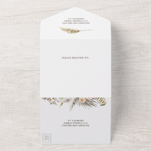 Rustieke Aardse Bloemige Boho Pampas Gras Bruiloft All In One Uitnodiging (Buitenkant)