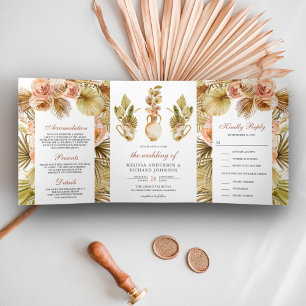 Rustieke Aardse Bloempot Gedroogde Boho Palm Bruil Drieluik Uitnodiging
