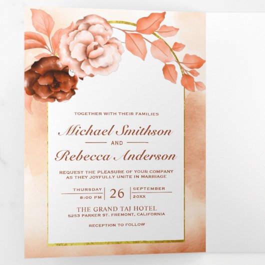 Rustieke aardse Boho bloemboog Alles in één bruilo Drieluik Uitnodiging (Binnenzijde eerst)