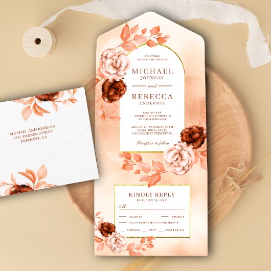 Rustieke Aardse Boho Bloemstuk Terracotta Bruiloft All In One Uitnodiging