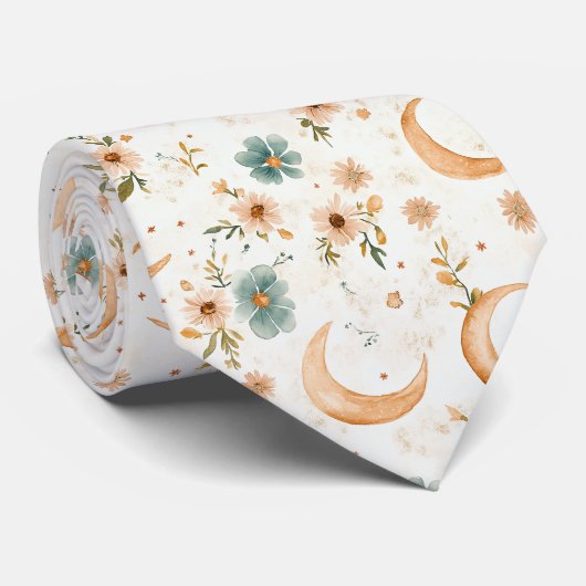 Rustieke Aardse Boho Maan Bloemmotief (2) Stropdas (Opgerold)