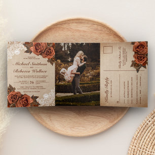 Rustieke Aardse Jute Stof Stof Terracotta Roze Tro Drieluik Uitnodiging