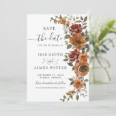 Rustieke Aardse Roest Sinaasappel Koper Bloemen Hu Save The Date (Staand voorkant)