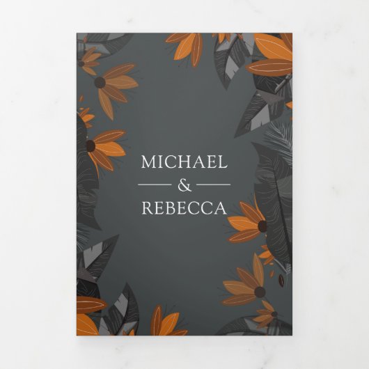 Rustieke Aardse Sinaasappel Terracotta Bloemen Huw Drieluik Uitnodiging (Cover)