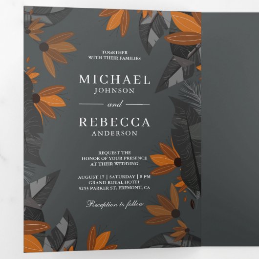 Rustieke Aardse Sinaasappel Terracotta Bloemen Huw Drieluik Uitnodiging (Binnenzijde eerst)